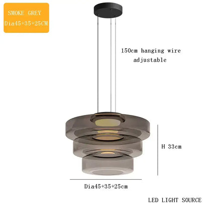 Modern amber glass plate ceiling pendant light with smoke grey tiered led pendant light and stacked circular design