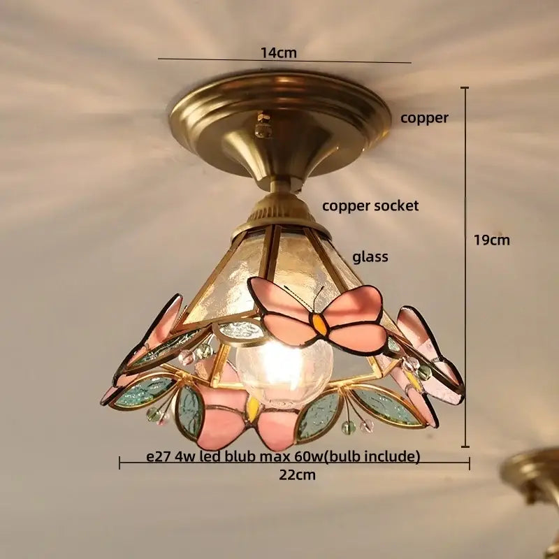 Modern amber glass wood ceiling light with stained-glass pink and green butterflies for living room decorbites amber glass