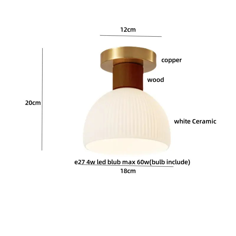 A modern ceiling light with copper base, wooden accent, and white ceramic shade for living room by decorbites amber glass