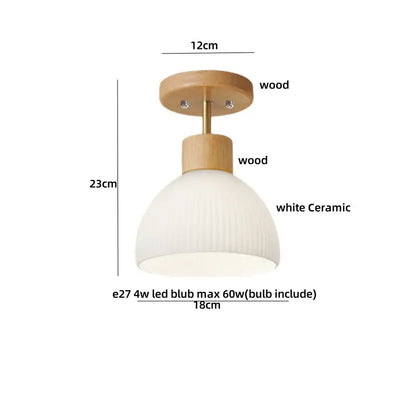 Modern ceiling light with natural wood mounting plate and white ceramic shade featuring vertical ridges for decorbites amber glass wood collection
