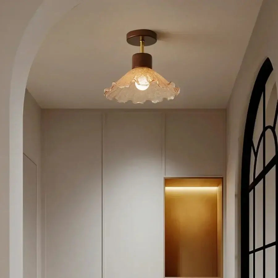 Modern amber glass wood led ceiling light with textured glass shade and brass finish for living room decorbites amber glass