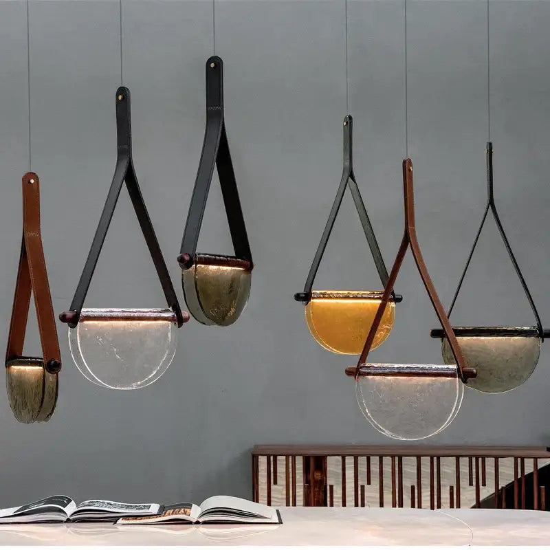 Modern amber and gray pendant lamp with decorbites handmade leather straps and glass shades for bedroom decor