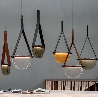 Modern amber and gray pendant lamp with decorbites handmade leather straps and glass shades for bedroom decor