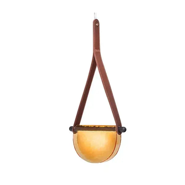 Brown leather strap suspends golden hammered metal planter in modern amber and gray decorbites handmade leather glass pendant lamp