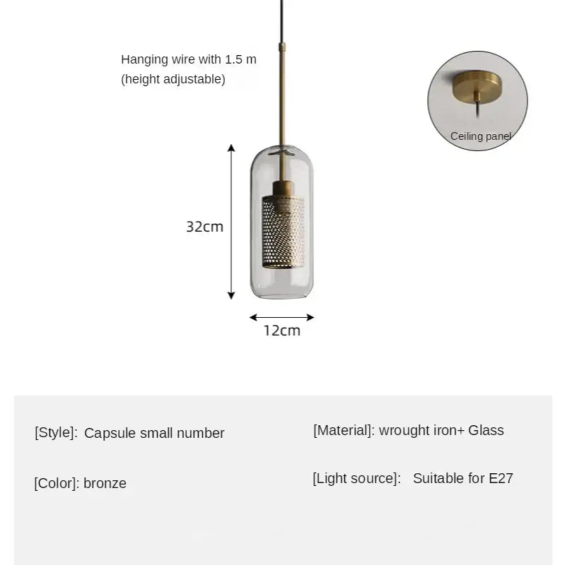 Bronze capsule-style pendant light with clear glass enclosure and perforated wrought iron shade for kitchen decorbites glass ball led