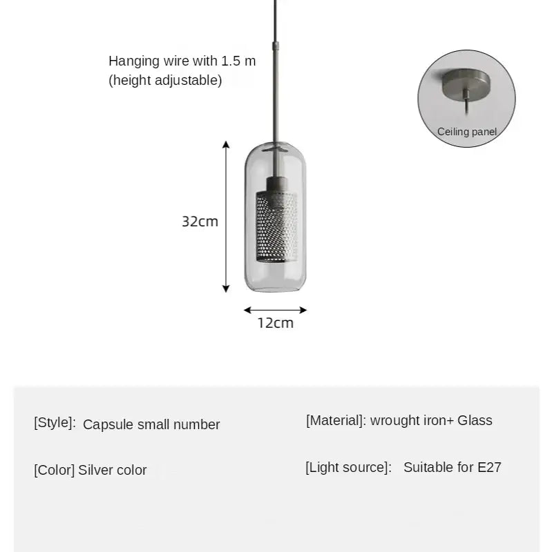 Silver capsule-style pendant light with glass enclosure and wrought iron mesh interior modern decorbites glass ball pendant light