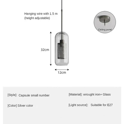 Silver capsule-style pendant light with glass enclosure and wrought iron mesh interior modern decorbites glass ball pendant light