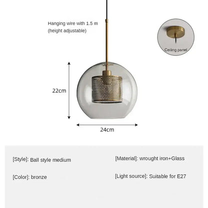 Modern amber honeycomb decorbites glass ball pendant light with bronze perforated metal shade and clear glass globe