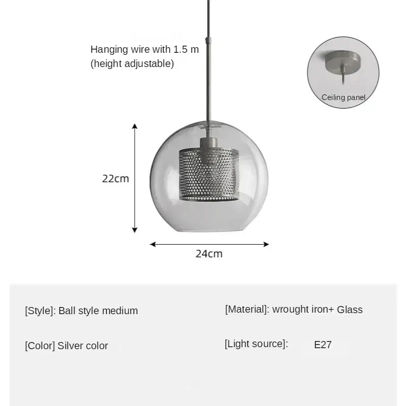 Silver spherical pendant light with clear glass ball and perforated wrought iron cage decorbites glass ball led design