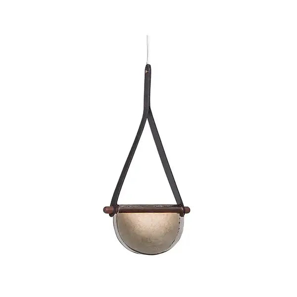 A sleek half-moon matte gold metallic hanging planter with dark brown leather straps for decorbites handmade glass pendant lamp decor