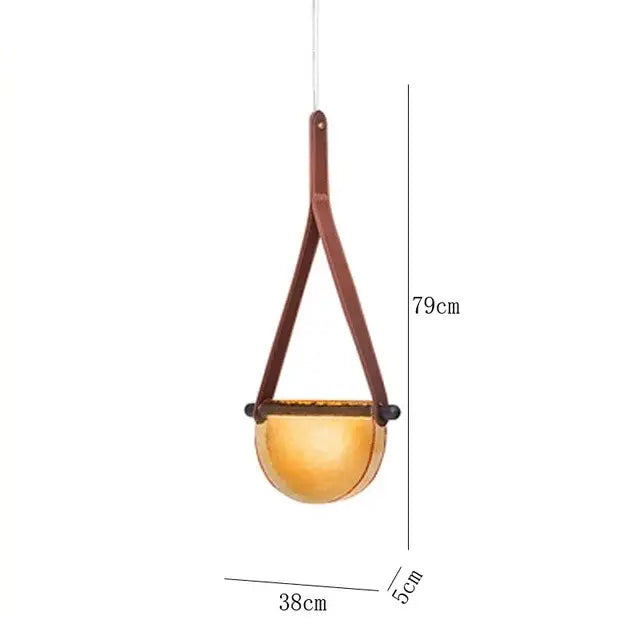 Modern amber and matte gray handmade glass pendant lamp with warm amber glass and brown leather strap for bedroom decorbites handmade glass pendant lamp