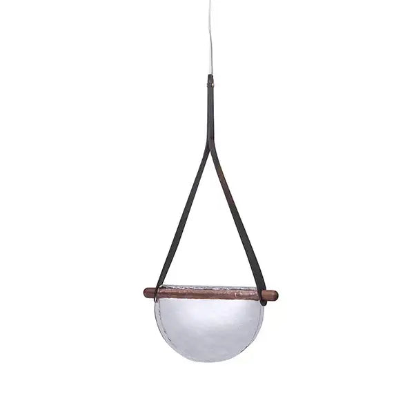 Minimalist modern amber and matte gray decorbites handmade glass pendant lamp with frosted dome and leather straps for bedroom
