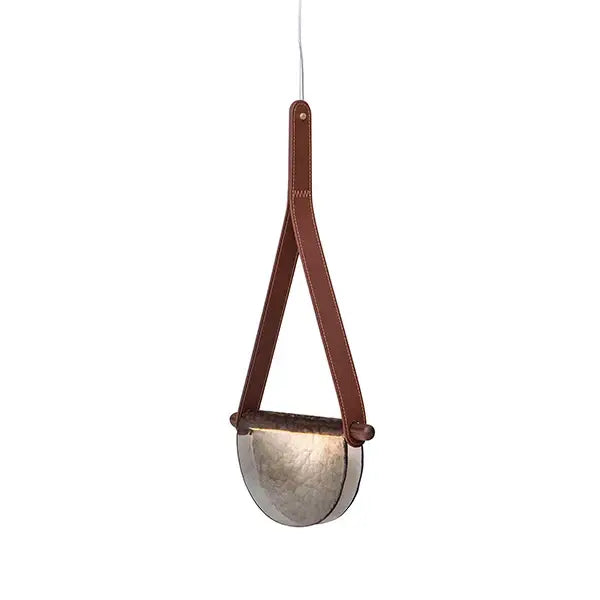 Brown leather strap suspends half-moon brushed metallic pendant lamp decorbites handmade glass for bedroom light decor