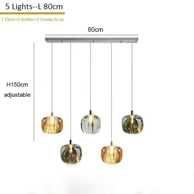 Modern amber and smoke crystal staircase chandelier with five glass globe bulbs on a sleek silver metal bar