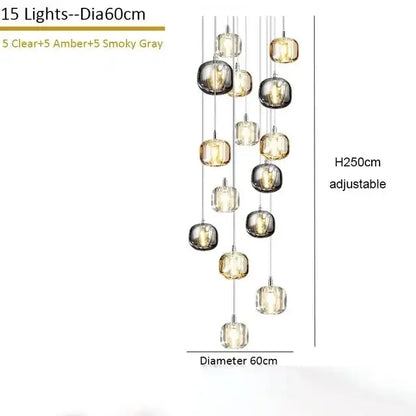 Modern amber and smoke crystal staircase chandelier with 15 spherical glass lights suspended by adjustable chains