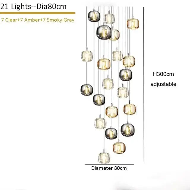 Modern amber and smoke crystal staircase chandelier with 21 spherical glass lights suspended by chrome chains for living room