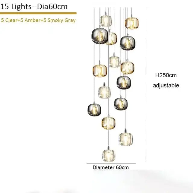 A modern amber and smoky grey crystal staircase chandelier with 15 spherical glass lights suspended by adjustable chains