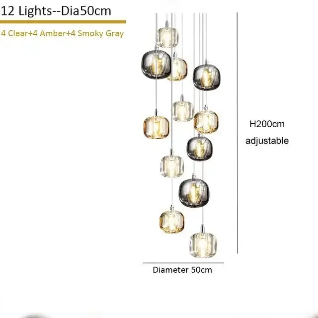 Elegant 12-light modern crystal staircase chandelier with amber and smoky gray glass globes on adjustable chrome chains