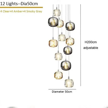Elegant 12-light modern crystal staircase chandelier with amber and smoky gray glass globes on adjustable chrome chains