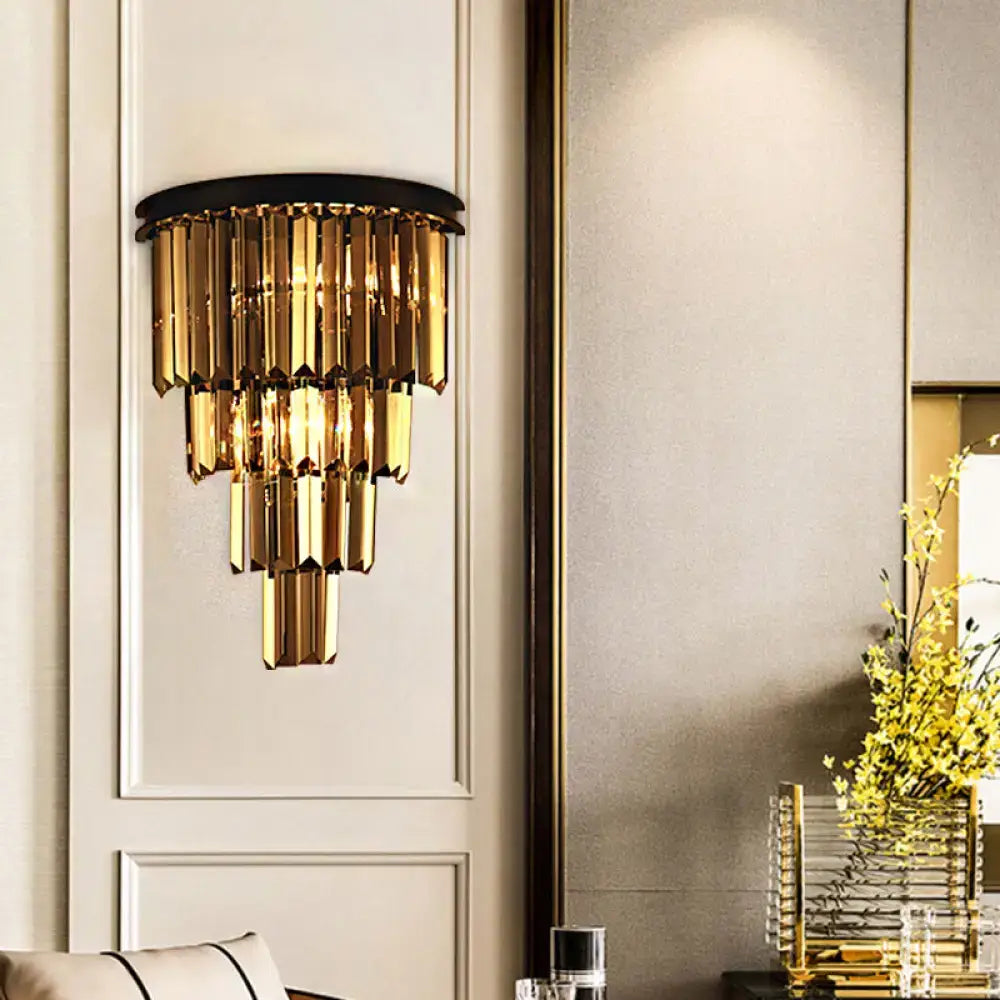 Modern amber tiered crystal wall mounted lamp with clear amber rods and gold-toned fixture height for living room