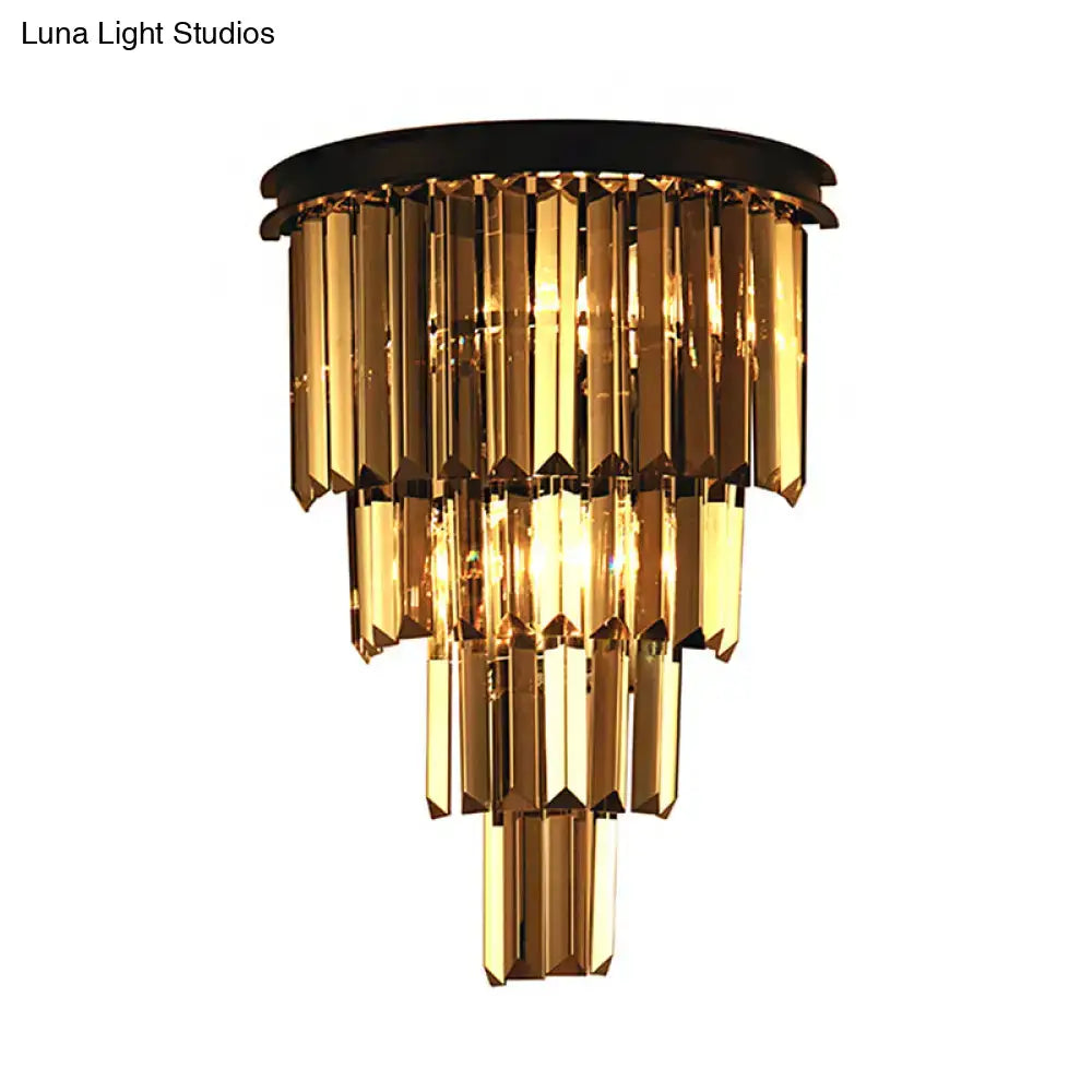 Modern amber tiered crystal wall mounted lamp with clear amber faceted glass rods and black metal base fixture height design