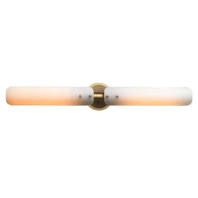 Brass-finished modern amber and white led wall sconce with two frosted glass shades for bedroom decorbites led wall lighting