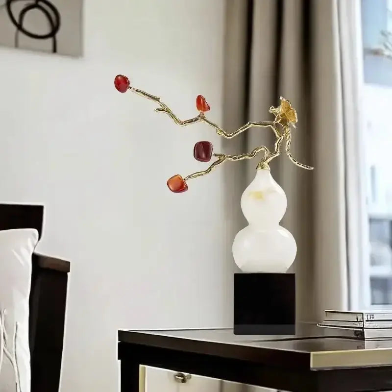 White jade crystal jade gourd vase with gold-toned branch and red amber gemstone fruits for living room decorbites crystal jade wealth ornament