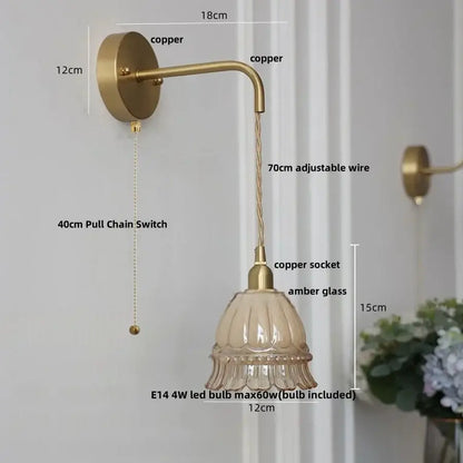 Modern antique brass wall light with decorbites amber glass led fluted shade and adjustable 70cm copper wire
