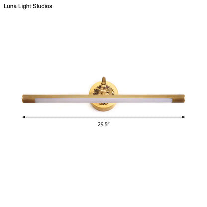 Modern antique brass integrated led wall light with gold-finished decorative circular base and ribbed ends for bathroom vanity