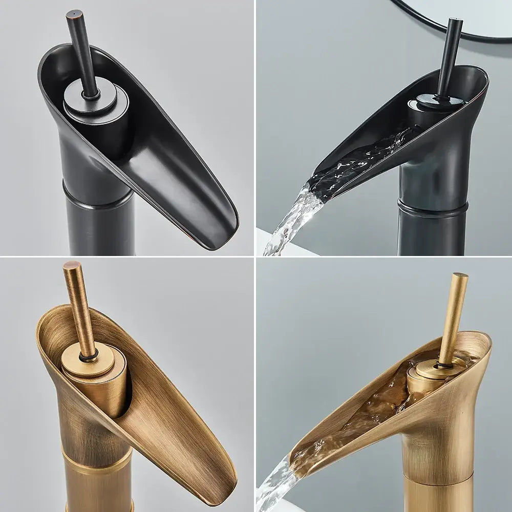 Modern antique brass and matte black waterfall basin faucets with antique brass finish designed for cold water use