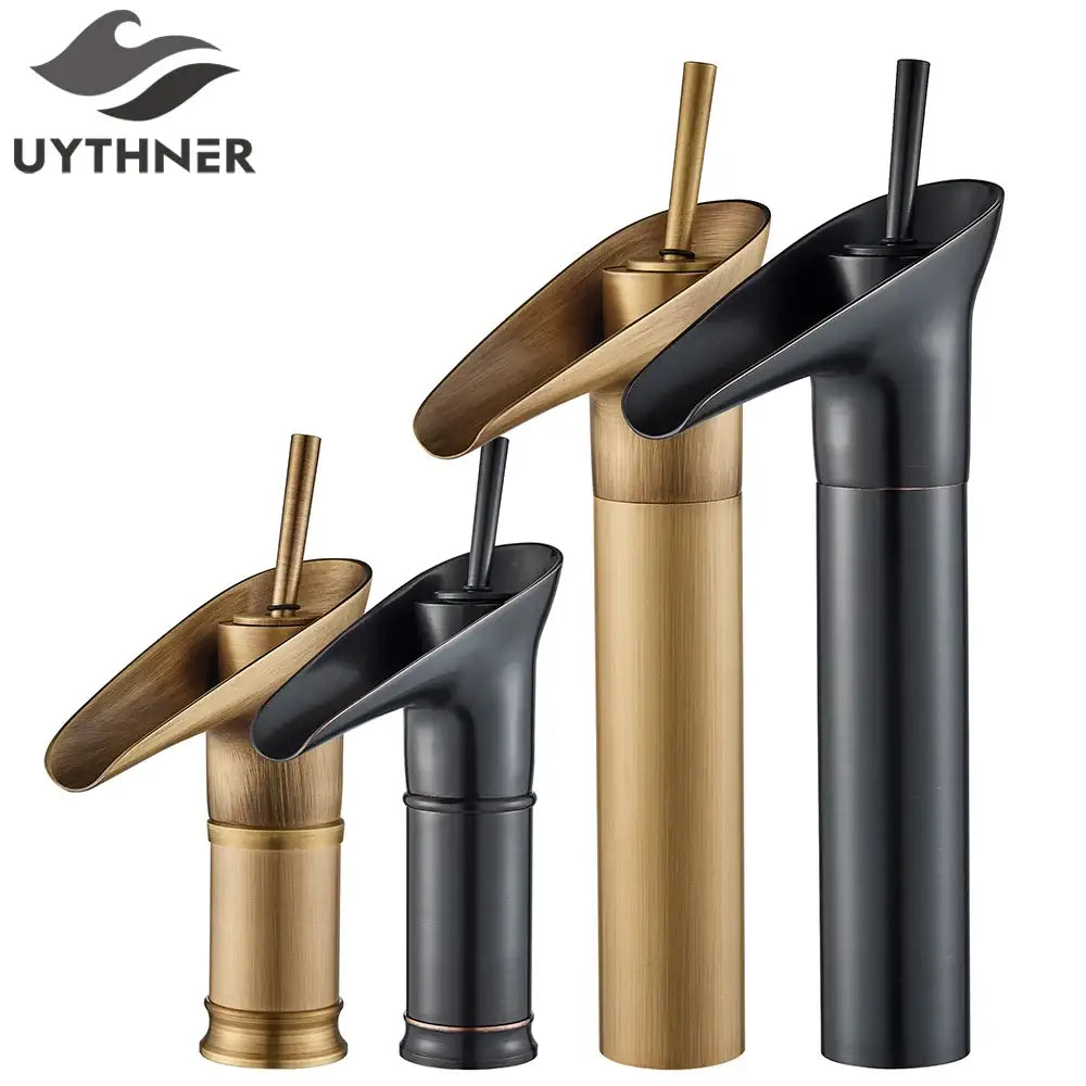 Modern antique brass and matte black waterfall faucet by Uythner featuring sleek design and cold water use