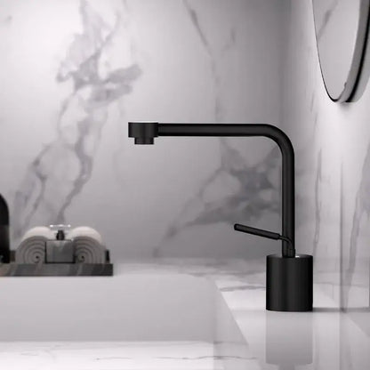 Modern antique bronze curved brass faucet with black matte finish, sleek curved spout, and cylindrical base for bathroom use