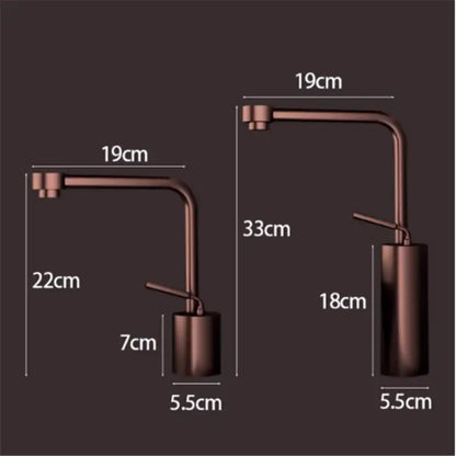 Two modern antique bronze kitchen faucets with curved brass spouts and cylindrical bases for bathroom fixtures