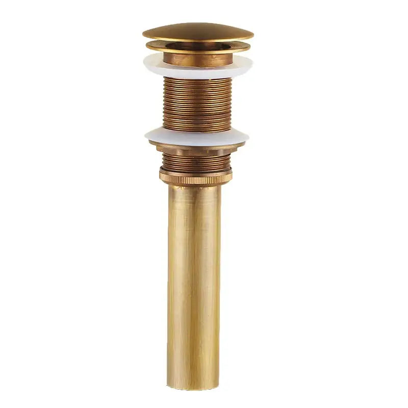 Antique bronze bathroom sink drain with sleek cylindrical body and rounded top cap for cold water use