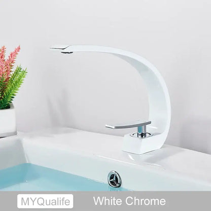 Modern arched white chrome basin faucet with sleek curved design and single lever handle for bathroom use