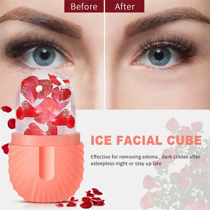 Pink silicone ice cube tray filled with red rose petals for use with modern arched pink marble facial roller massager