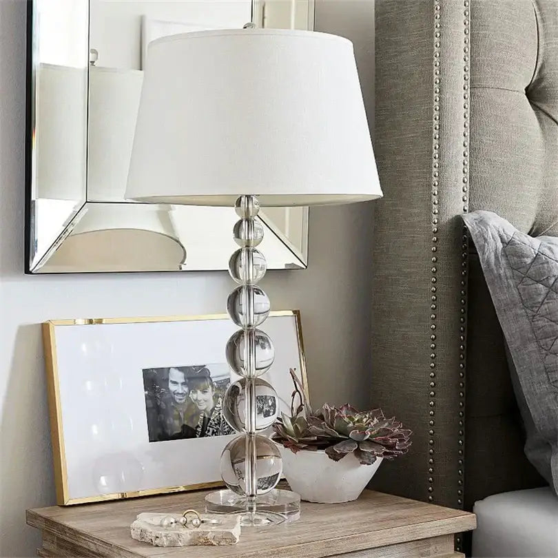 Modern art deco decorbites crystal ball table lamp with clear glass sphere and white fabric shade for bedroom decor