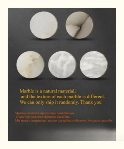 Five circular alabaster indoor ceiling marble slabs with unique veining in creamy white and light gray for spanish marble chandelier