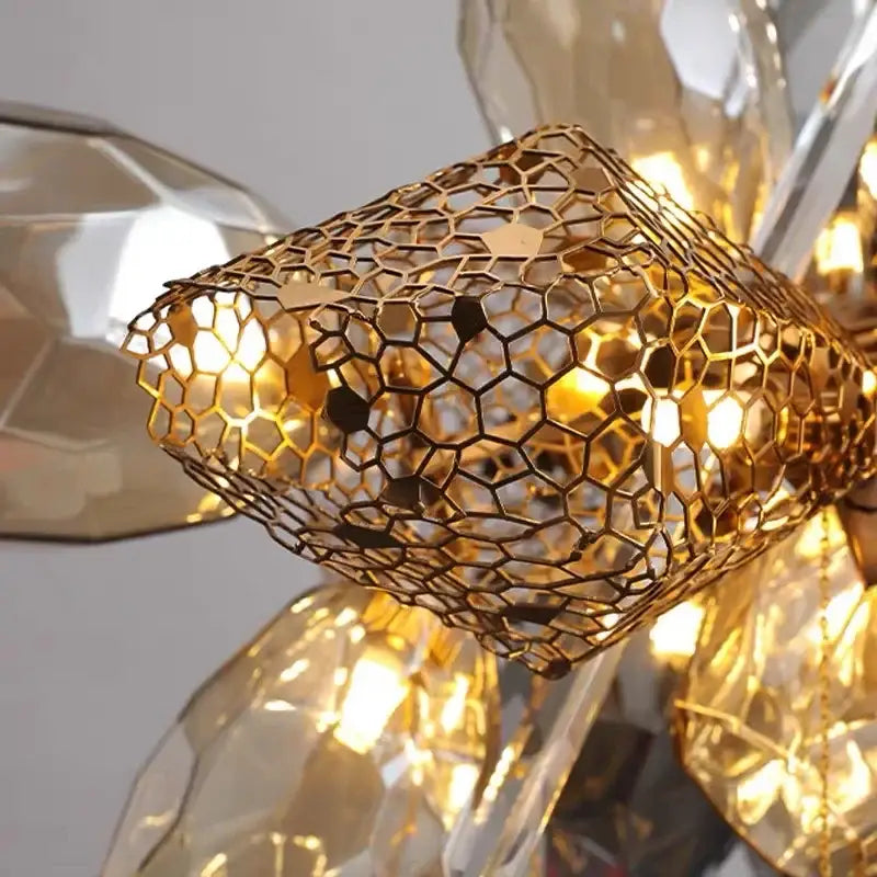Modern artistic gold crystal duplex chandelier component with golden honeycomb metal and faceted crystal accents decorbites crystal duplex