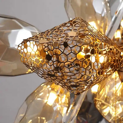 Modern artistic gold crystal duplex chandelier component with golden honeycomb metal and faceted crystal accents decorbites crystal duplex