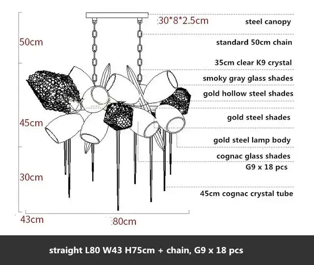 Modern artistic gold crystal duplex chandelier with steel canopy and smoky gray and cognac glass for living room decorbites crystal duplex