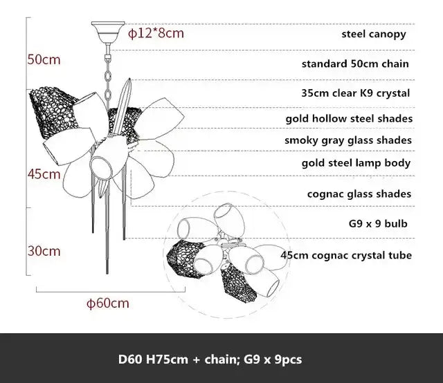 Modern artistic gold crystal duplex chandelier with steel canopy and smoky gray glass shades by decorbites crystal duplex