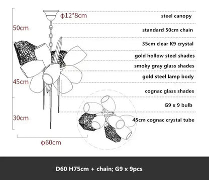 Modern artistic gold crystal duplex chandelier with steel canopy and smoky gray glass shades by decorbites crystal duplex