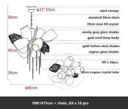 Modern artistic gold crystal duplex chandelier with smoky gray glass and cognac crystal tubes for living room decorbites crystal duplex
