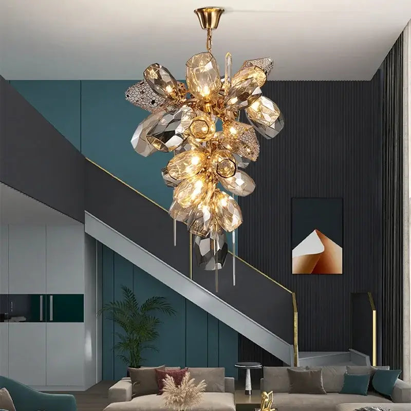 Modern artistic gold crystal duplex chandelier with faceted crystal elements and metallic accents for living room decorbites crystal duplex