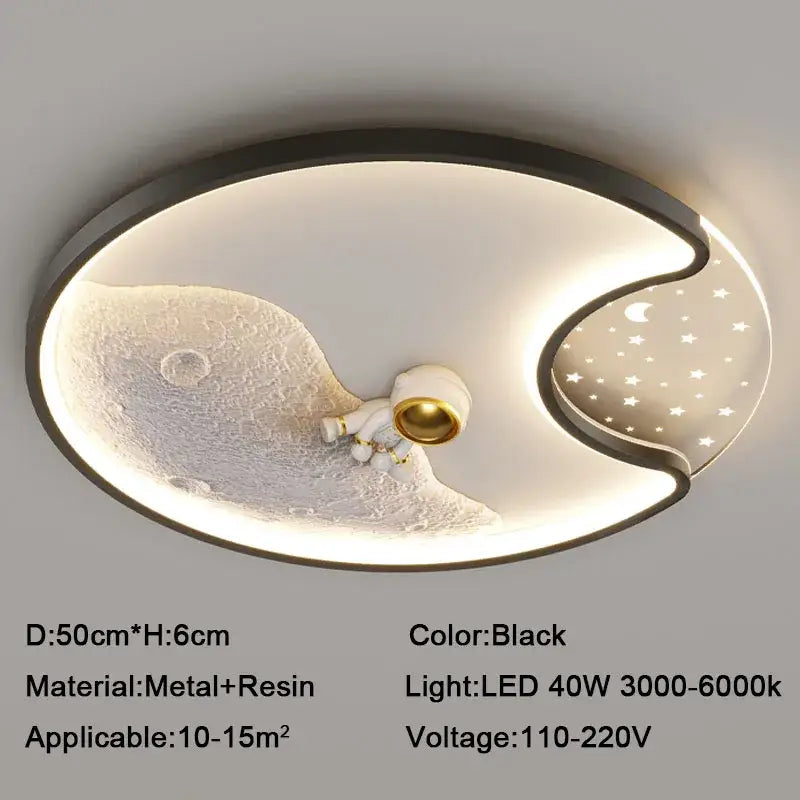 Black oval ceiling light with astronaut figurine on textured lunar surface modern astronaut moonlight led decorbites ceiling light