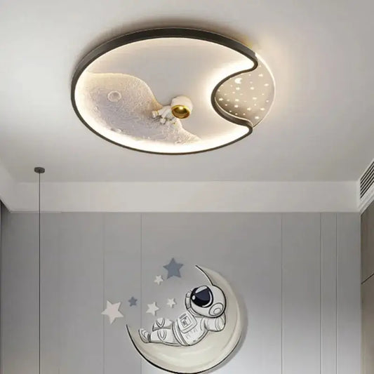 Modern astronaut moonlight led ceiling light with crescent moon shape black metal frame frosted glass panels for kids bedroom decorbites astronaut moonlight