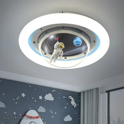 Modern astronaut spaceman planet ceiling lamp with white ring silver frame and transparent dome featuring astronaut figurine