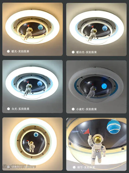 Modern astronaut spaceman planet ceiling lamp featuring a white figurine with gold helmet in a kids bedroom light fixture