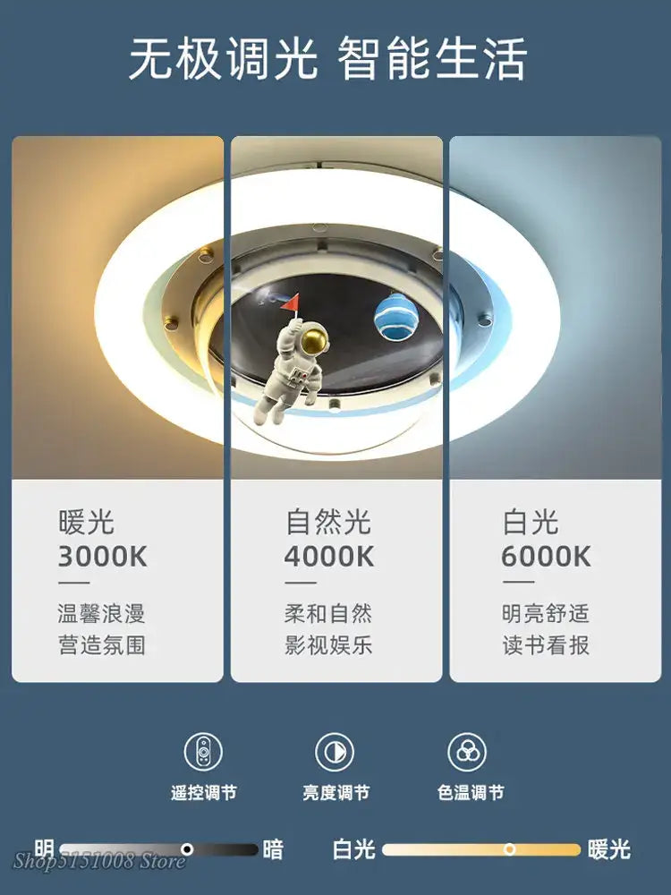 Circular ceiling lamp with white astronaut spaceman and planet design featuring adjustable color temperature settings